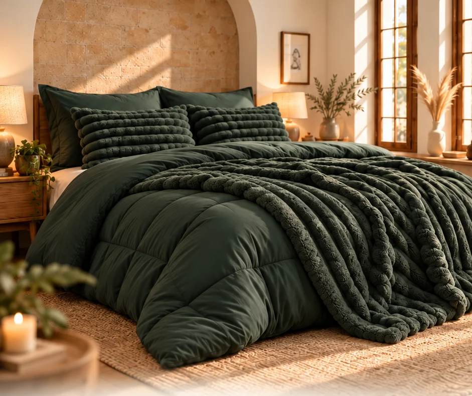 Knusse slaapkamer met groen Notablu Cloud-dekbed en afneembare fleece-laag
