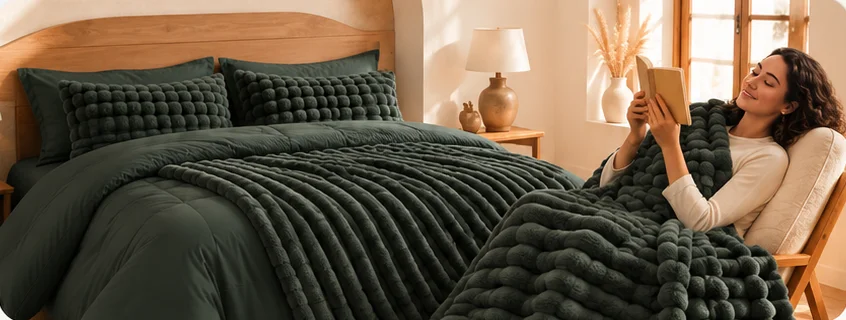 Dekbed met de fleece-laag erop op een bed