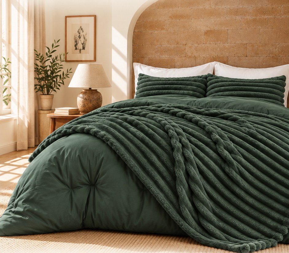 Donkergroen Notablu Cloud 2-in-1 dekbed met afneembare fleece-laag in een zonnige slaapkamer